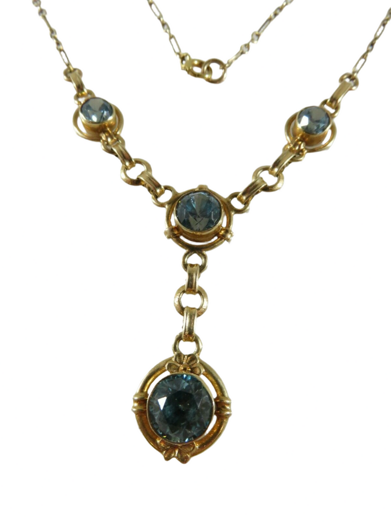 Stunning 14K Gold Edwardian Style Blue Zircon Rosy Yellow Gold Lariat Necklace