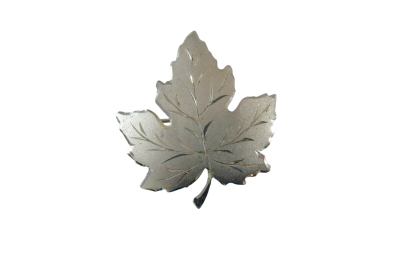 Vintage Maple Leaf Brooch Pin Nice Acid Washed Style Textured Sterling Silver Front View