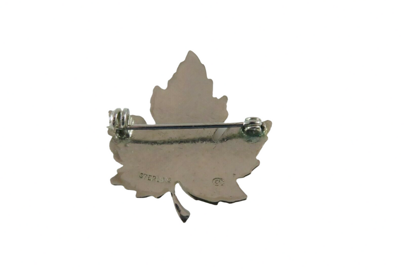 Vintage Maple Leaf Brooch Pin Nice Acid Washed Style Textured Sterling Silver Back View