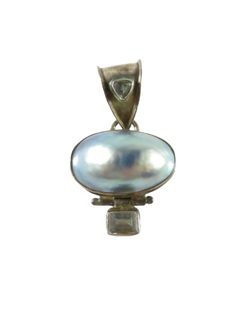 Blue Gray Toned Pearl half Double Topaz Pendant 1 3/4" H Bale Size 9.35mm ID