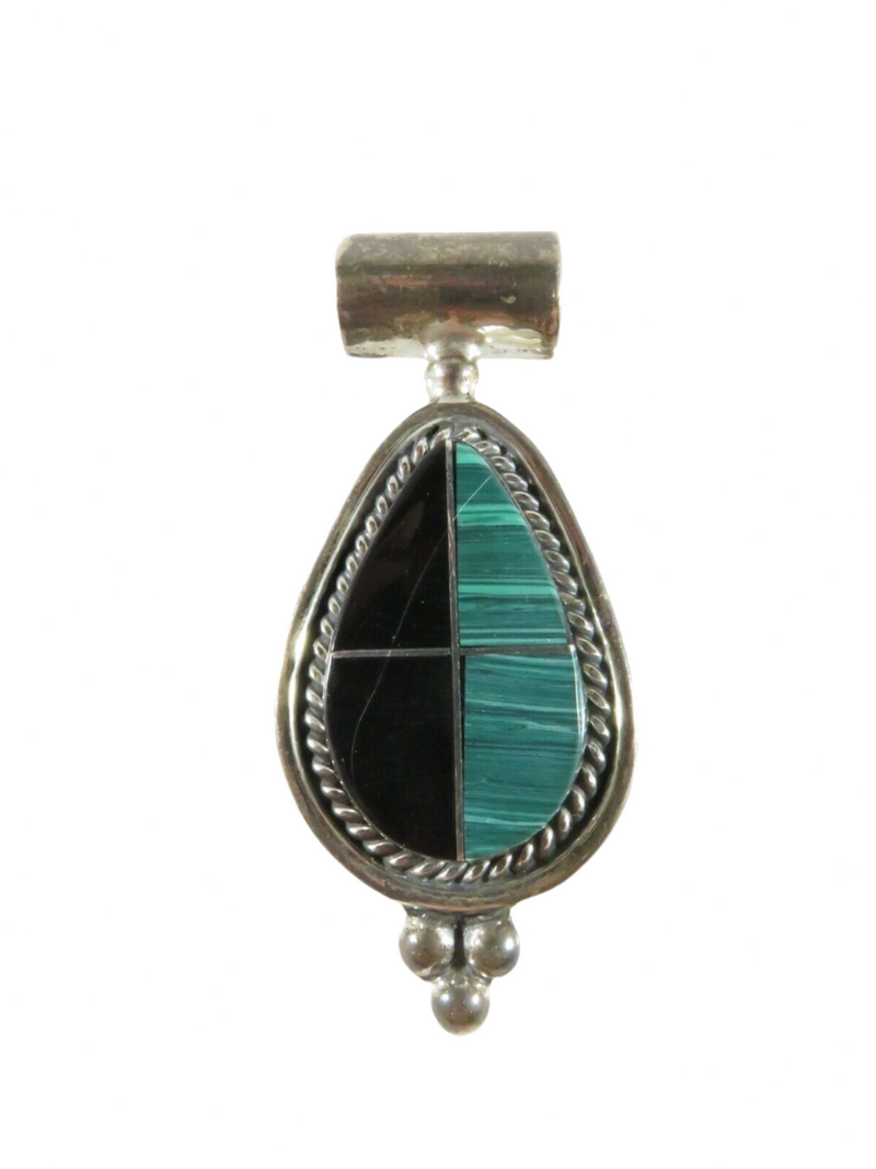 Sterling Silver Onyx Malachite Slide Pendant Southwestern Mexico 8.2mm ID Bale Front View