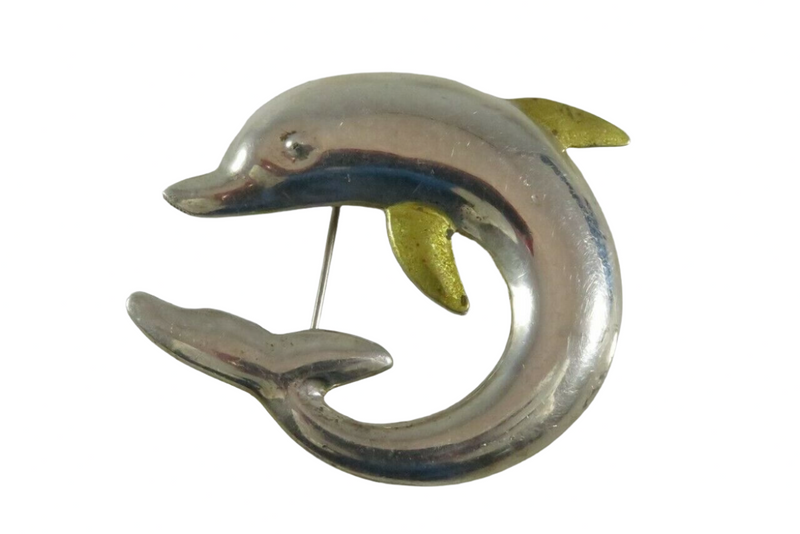 925 Dolphin Brooch Nautical Sterling Silver TM-24 Signed Eaton Front View