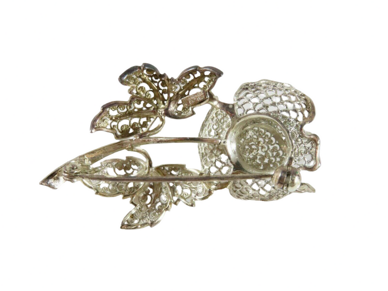 Artisan Filigree Orchid Flower Brooch Sterling Silver Germany Willi Nonnenmann Back View