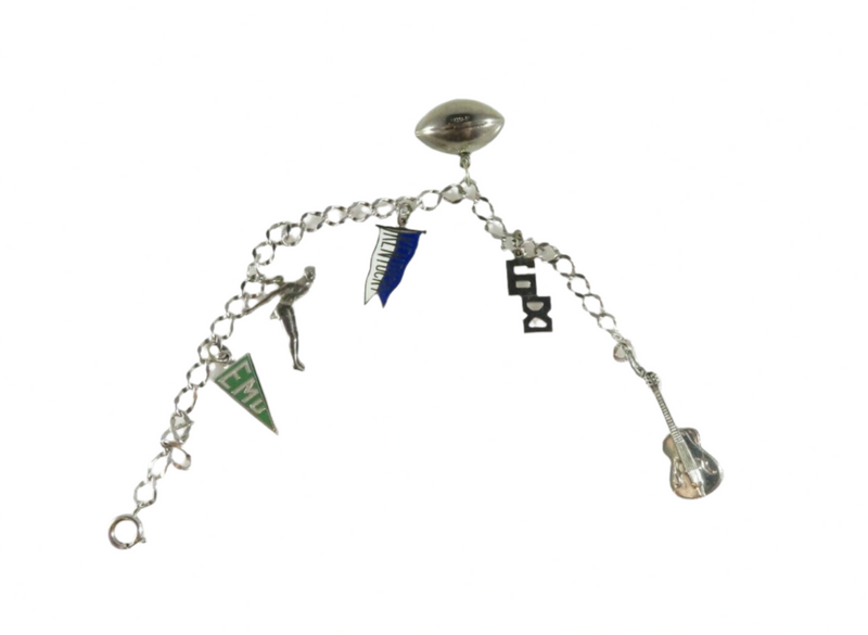 Sterling Silver High School Charm Bracelet 7" TL Football, Diver,  Pennant, Guitar