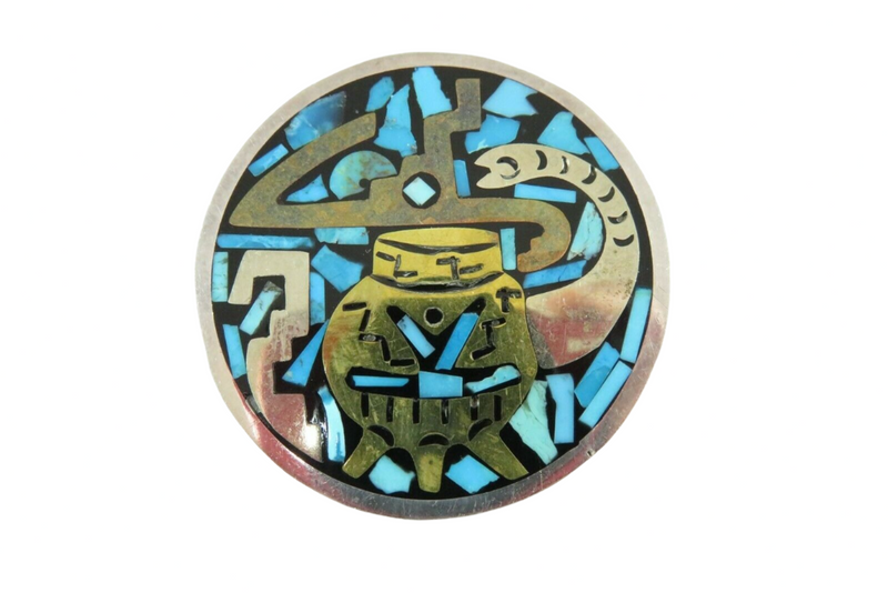 Taxco Sterling Silver Mexico Inlaid Retro Style Brooch Pendant Turquoise Inlay Front View