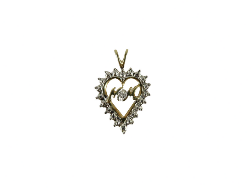 10K Yellow Gold MOM Heart Pendant White Gold Topped 1.1 Grams 2.2mm Bale Front View