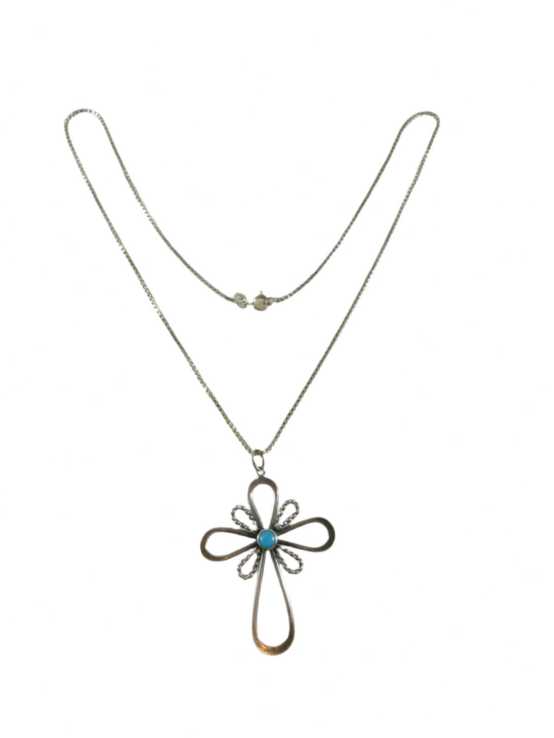Southwestern Sterling Silver Turquoise Cabochon Cross w/Box Chain Sterling EBB product image for Just Stuff I Sell, clear front view, neutral background, original listing photo, optimized descriptive alt text, centered composition