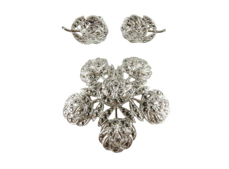 Theda Sterling Silver Catholic Rose Brooch Spin Back Earrings Marcasite Accented