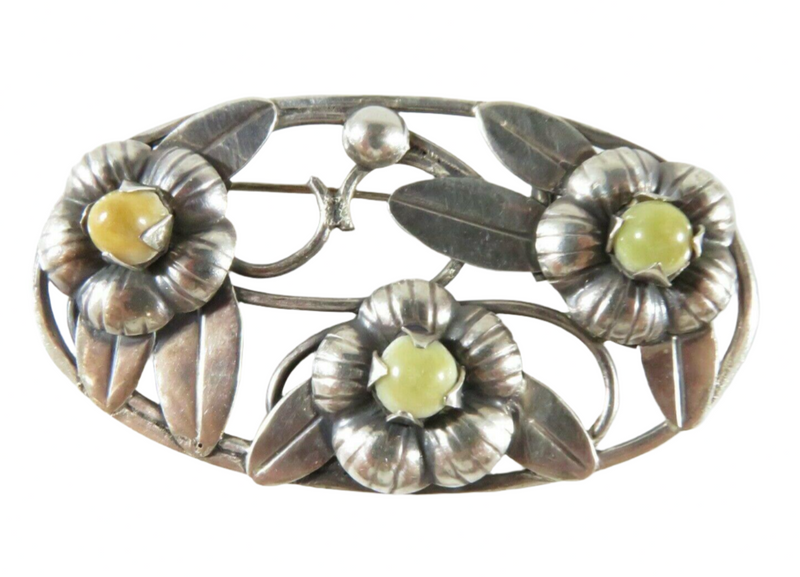 1930's Modernist Sterling Mexico Calcite Floral Brooch Artisan Hand Worked