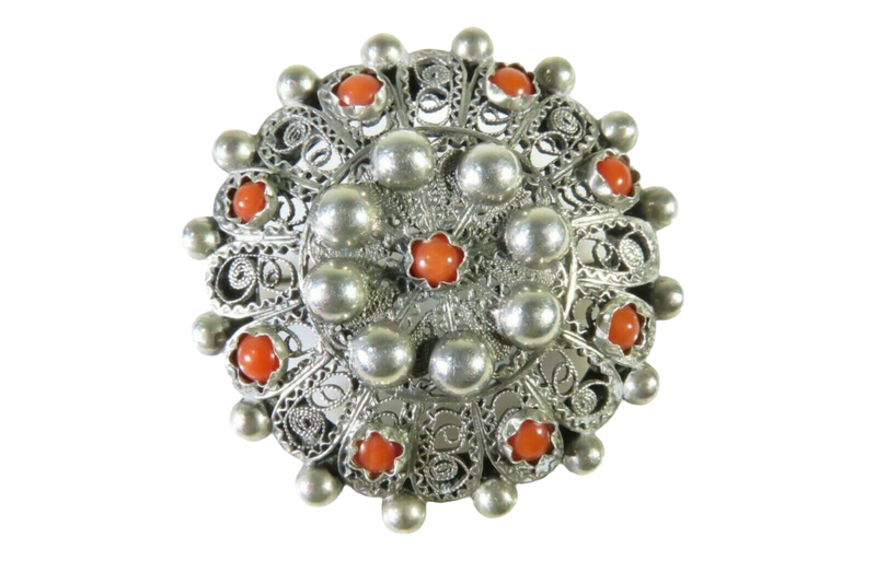 Antique Cabochon Orange Coral Gems Filigree Brooch Beautiful 800 Silver