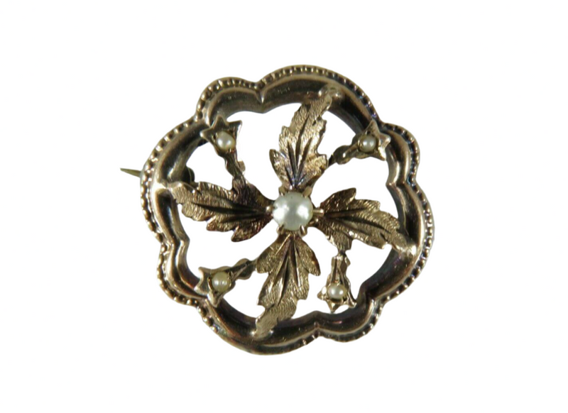 Antique Floral Brooch or Lapel Pin Seed Pearl 10K Yellow Gold