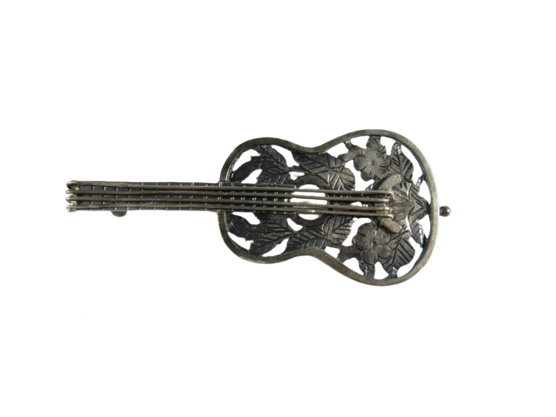 Beautiful Victorian Guitar Brooch Floral Decor Forget Me Not in Sterling