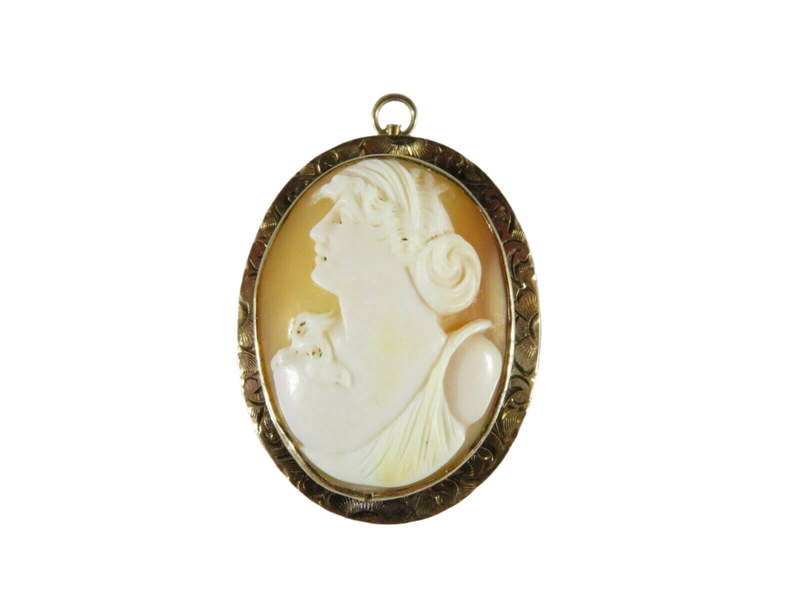 Left Facing Carved Shell Cameo Brooch with Pendant Loop 4 Repair 10K Etched Gold