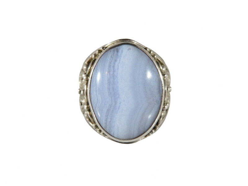 Polished Cabochon Blue Agate Pinky Ring Sterling Silver Sajen Size 10.25