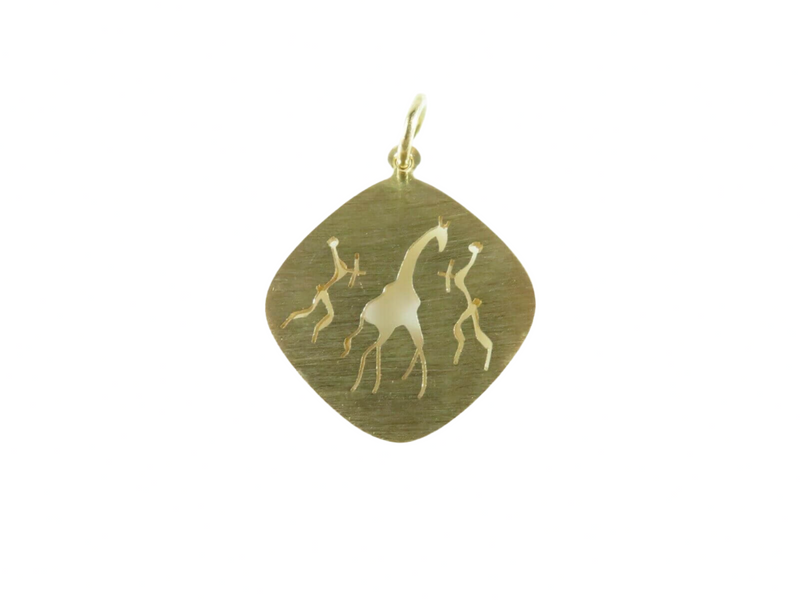 9K Brushed Gold Artisan African Themed Giraffe and Hunter Scene Pendant Charm