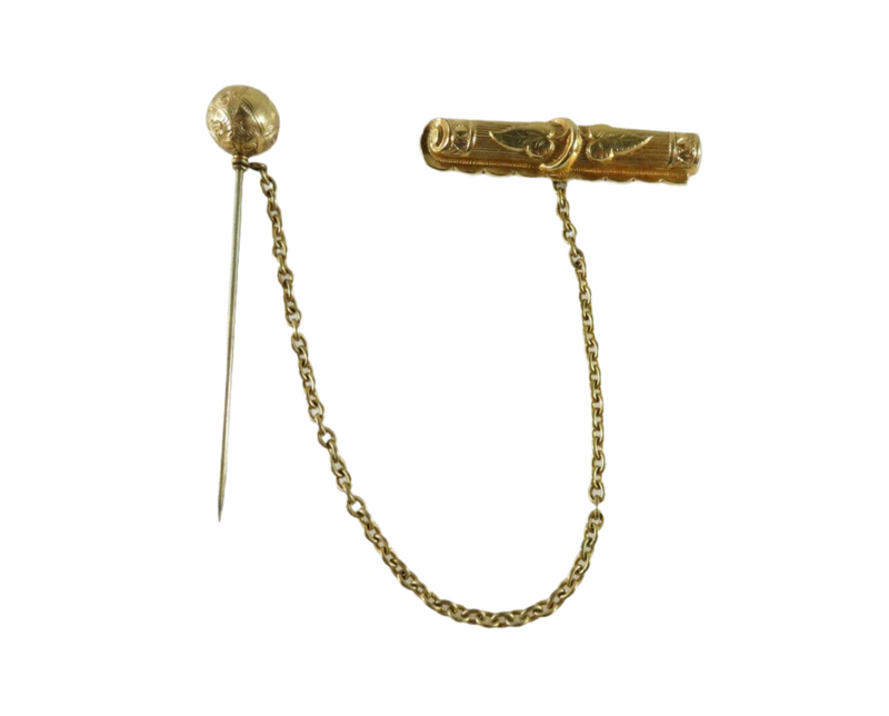 Victorian 14K Gold Filled Hat Pin with Hat Bar Pin & Chain Assembly — Collectibles:Vanity, Perfume & Shaving:Hatpins • 14K, G