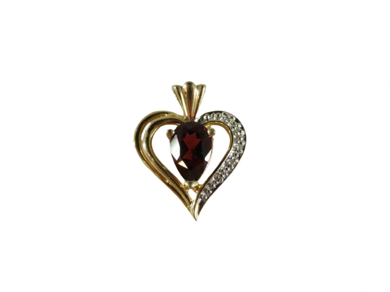 14K Heart Pendant with 1.3 Carat Pear Shaped Blood Red Garnet Yellow Gold