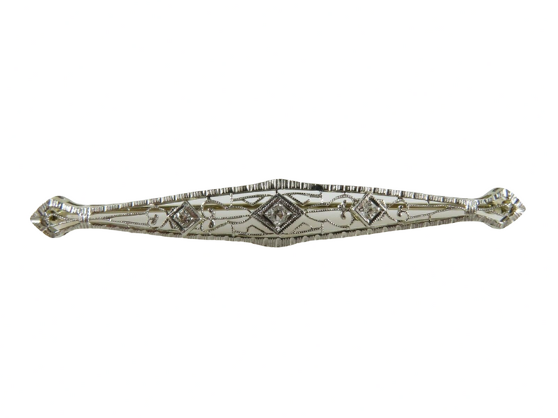 Art Deco 14K White Gold Filigree Diamond Bar Brooch – 2 1/4" — Jewelry & Watches:Vintage & Antique Jewelry:Fine:Art Nouveau/A