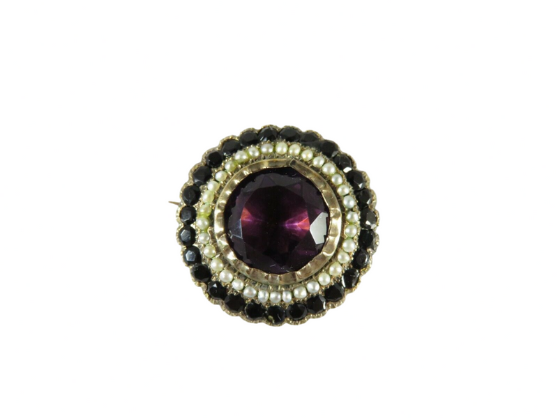 Victorian Purple Black Paste Pearl Brooch Pendant in 14K Rose Gold Filled Front View