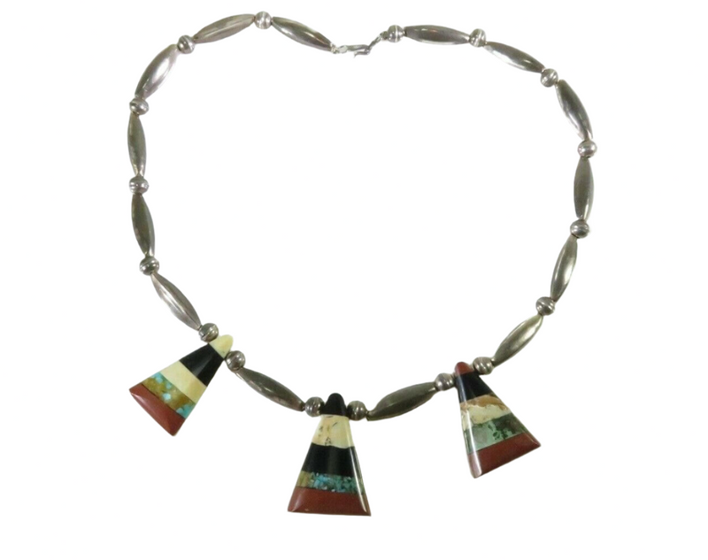 Beautiful Inlaid Stone Tab Choker Necklace With Sterling Silver Pearls & Melons — Jewelry & Watches:Ethnic, Regional & Tribal