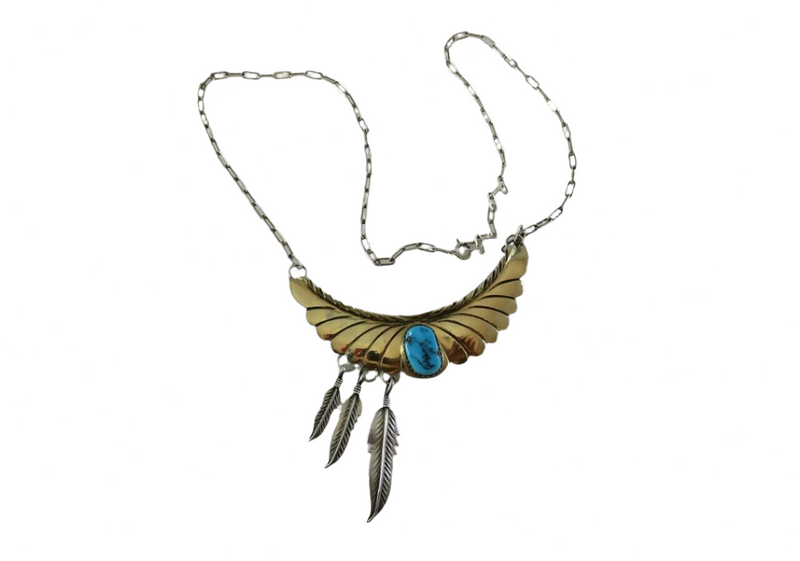 Southwestern Spencer Sterling Silver Gold Filled Bib Feather Turquoise Necklace — Jewelry & Watches:Fine Jewelry:Fine Necklac