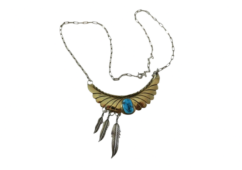 Southwestern Spencer Sterling Silver Gold Filled Bib Feather Turquoise Necklace