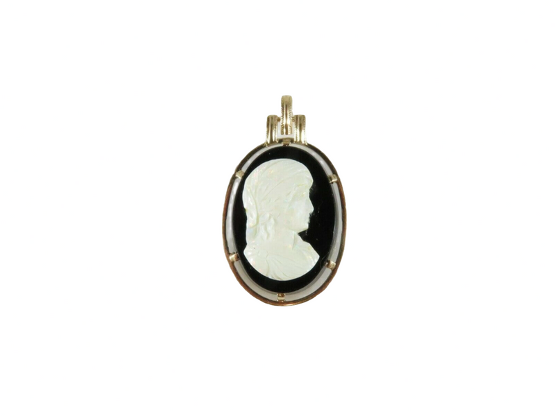 14K Yellow Gold Carved Opal Right Facing Cameo Onyx Pendant