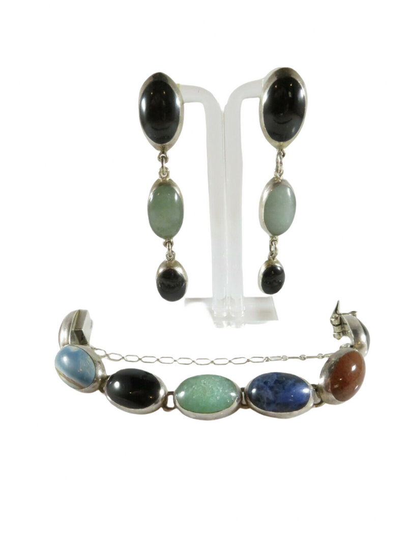 Sterling Silver Bracelet & Earring Set Mexico Cabochon Multi Stones Bezel Set