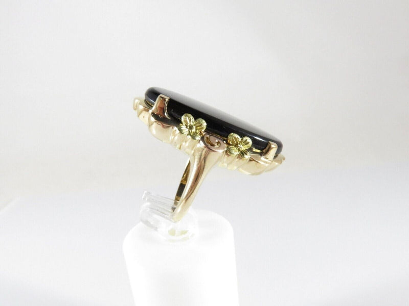 10K Gold Victorian Revival Onyx Plaque Ring Bold Flower Statement Size 6.5