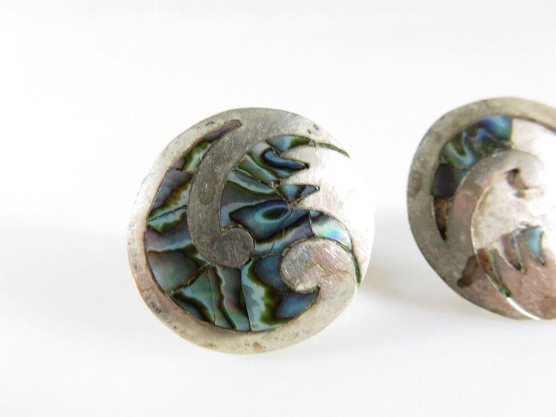 Modernist Round Free Form inlaid Abalone & Sterling NA Taxco Mexico Screw Back Earrings product image for Just Stuff I Sell, clear front view, neutral background, original listing photo, optimized descriptive alt text, centered composition variant 3