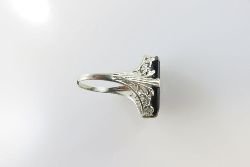 Art Deco 14K White Gold Onyx Plaque Eastern Star Filigree Ring Size 4