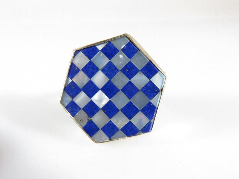 Artisan The Queen's Gambit Style Mother of Pearl Lapis Lazuli Inlaid Chess Ring product image for Just Stuff I Sell, clear front view, neutral background, original listing photo, optimized descriptive alt text, centered composition variant 2
