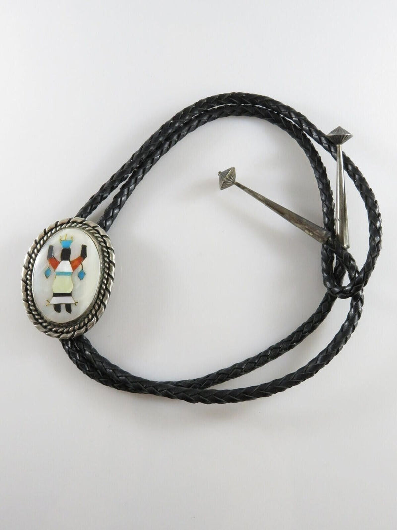 Circa 1960 Zuni Apache Ghan Crown Dancer Inlaid Sterling Silver Bolo Tie Bennett product image for Just Stuff I Sell, clear front view, neutral background, original listing photo, optimized descriptive alt text, centered composition