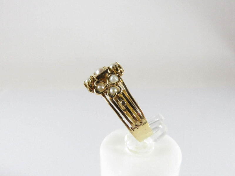 Victorian 18K Yellow Gold Three-Leaf Clover Seed Pearl Ring Size 8