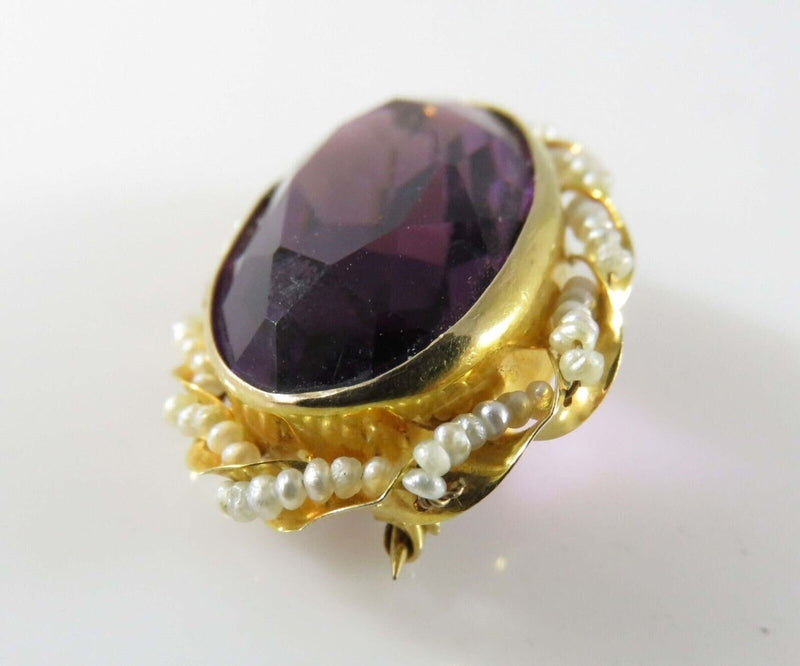 Art Nouveau Style 10K Seed Pearl Wrapped Purple Glass Brooch Pin by Marathon