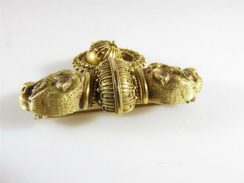 Victorian Double Griffin Brooch Ruby Eyes Archaeological Revival Style Gold