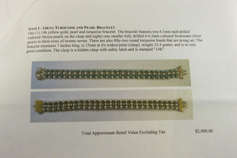 Beautiful 83 Pearl 52 Turquoise 7" TL Bracelet 14K Yellow Gold Setting 33.4 Gram product image for Just Stuff I Sell, clear front view, neutral background, original listing photo, optimized descriptive alt text, centered composition variant 3