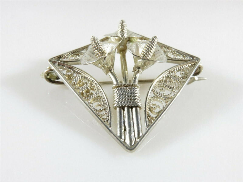 Vintage Diamond Shaped Sterling Silver Pierced Filigree Calla Lily Brooch product image for Just Stuff I Sell, clear front view, neutral background, original listing photo, optimized descriptive alt text, centered composition variant 2