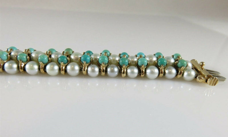 Beautiful 83 Pearl 52 Turquoise 7" TL Bracelet 14K Yellow Gold Setting 33.4 Gram product image for Just Stuff I Sell, clear front view, neutral background, original listing photo, optimized descriptive alt text, centered composition variant 9