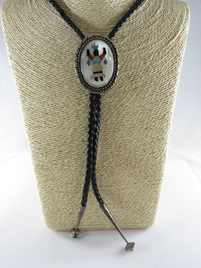 Circa 1960 Zuni Apache Ghan Crown Dancer Inlaid Sterling Silver Bolo Tie Bennett product image for Just Stuff I Sell, clear front view, neutral background, original listing photo, optimized descriptive alt text, centered composition variant 10