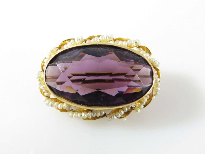 Art Nouveau Style 10K Seed Pearl Wrapped Purple Glass Brooch Pin by Marathon