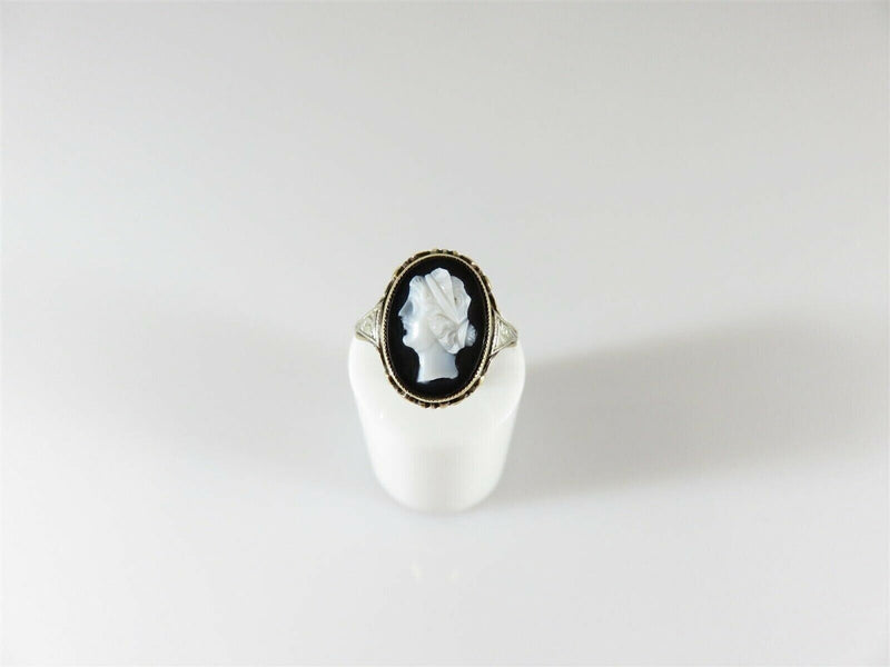 Antique 14K Gold Onyx Cameo Ring Art Nouveau Edwardian Style Size 5.5