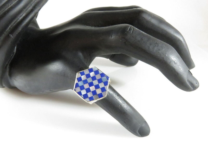 Artisan The Queen's Gambit Style Mother of Pearl Lapis Lazuli Inlaid Chess Ring product image for Just Stuff I Sell, clear front view, neutral background, original listing photo, optimized descriptive alt text, centered composition