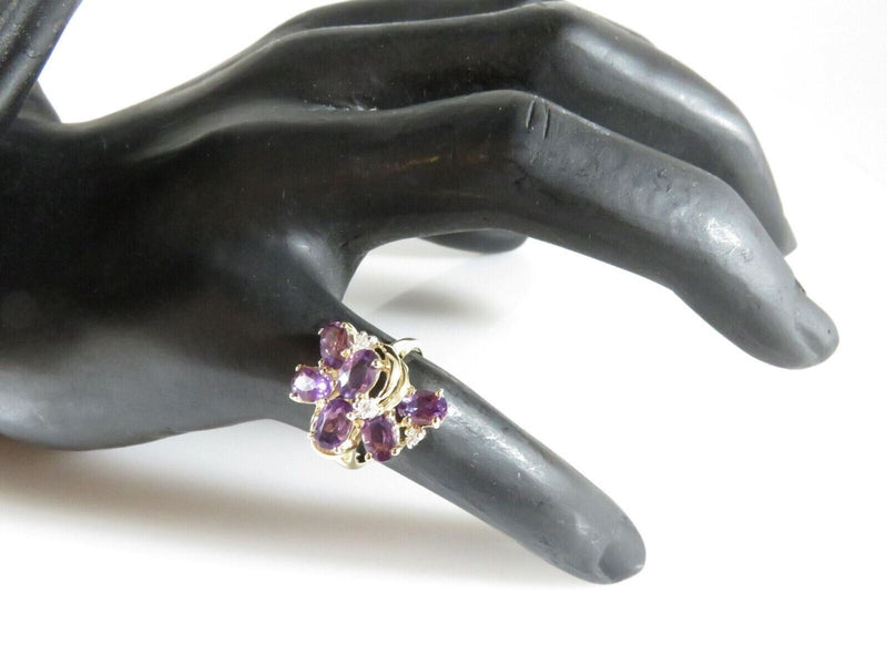 Vintage 14K Gold FL Amethyst Diamond Cluster Ring 7-Stone Split Shank Sz 6.75