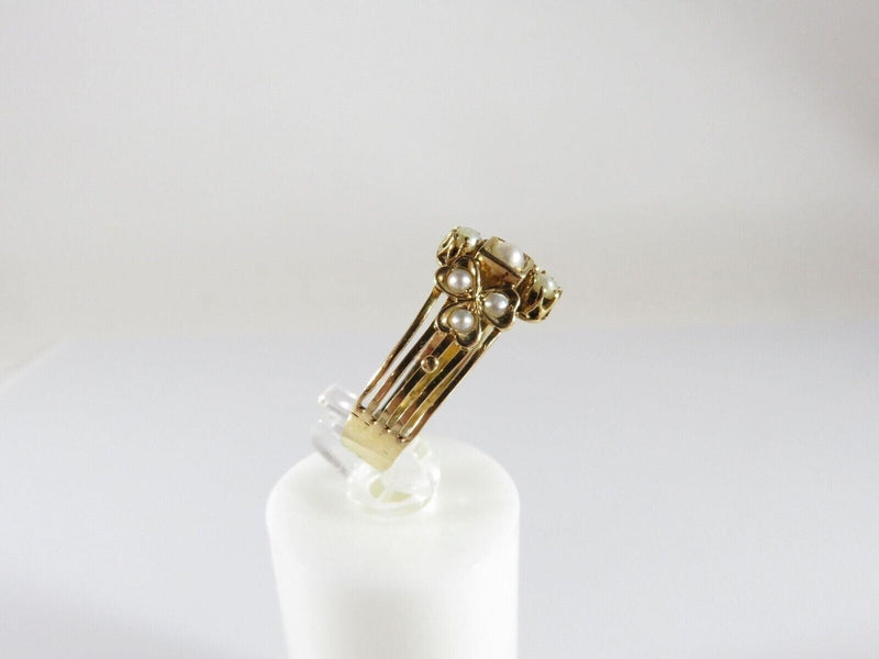 Victorian 18K Yellow Gold Three-Leaf Clover Seed Pearl Ring Size 8