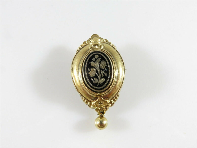 Victorian Gold Filled Floral Taille d'épargne Brooch with Dangle
