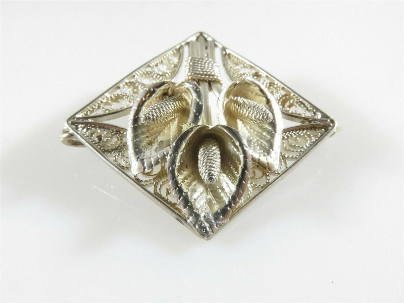 Vintage Diamond Shaped Sterling Silver Pierced Filigree Calla Lily Brooch product image for Just Stuff I Sell, clear front view, neutral background, original listing photo, optimized descriptive alt text, centered composition variant 4