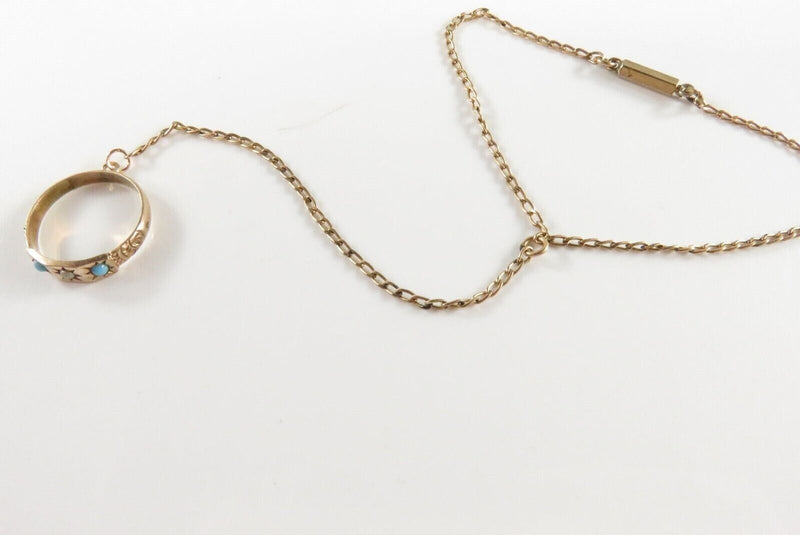 Victorian Child Hand Chain 9K Ring Turquoise Seed Pearl Gold-Filled Bracelet