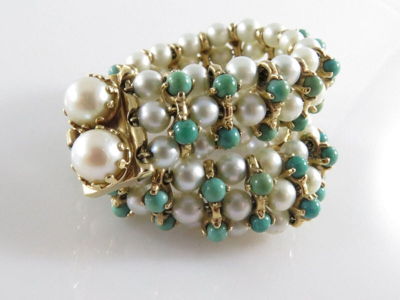 Beautiful 83 Pearl 52 Turquoise 7" TL Bracelet 14K Yellow Gold Setting 33.4 Gram product image for Just Stuff I Sell, clear front view, neutral background, original listing photo, optimized descriptive alt text, centered composition variant 2