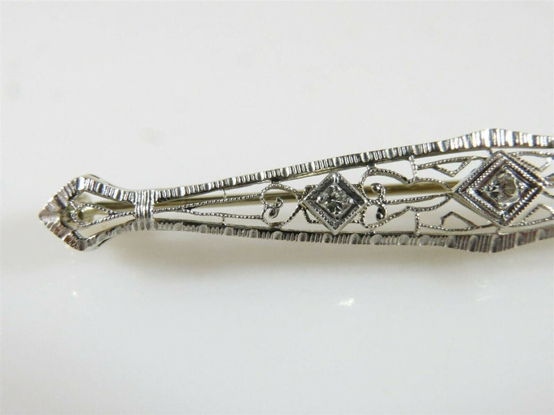 14K Art Deco White Gold Diamond Pierced Filigree Bar Bin Brooch 2 1/4" product image for Just Stuff I Sell, clear front view, neutral background, original listing photo, optimized descriptive alt text, centered composition variant 2